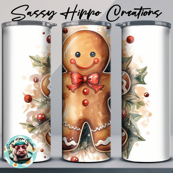 Skinny Tumbler Gingerbread Man Holly Berries Christmas 20oz Stainless-Steel - Picture 1 of 6